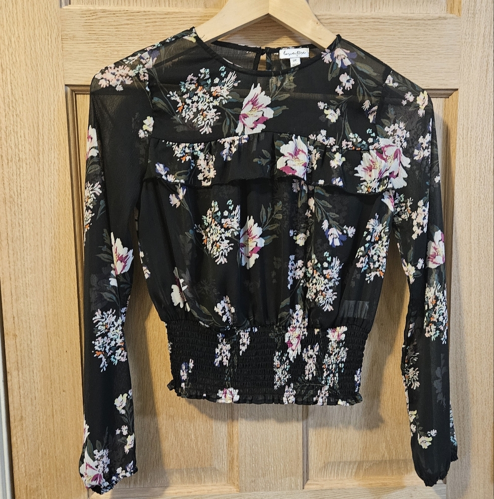Xs Love, Fire Sheer Floral Black Long Sleeve Top